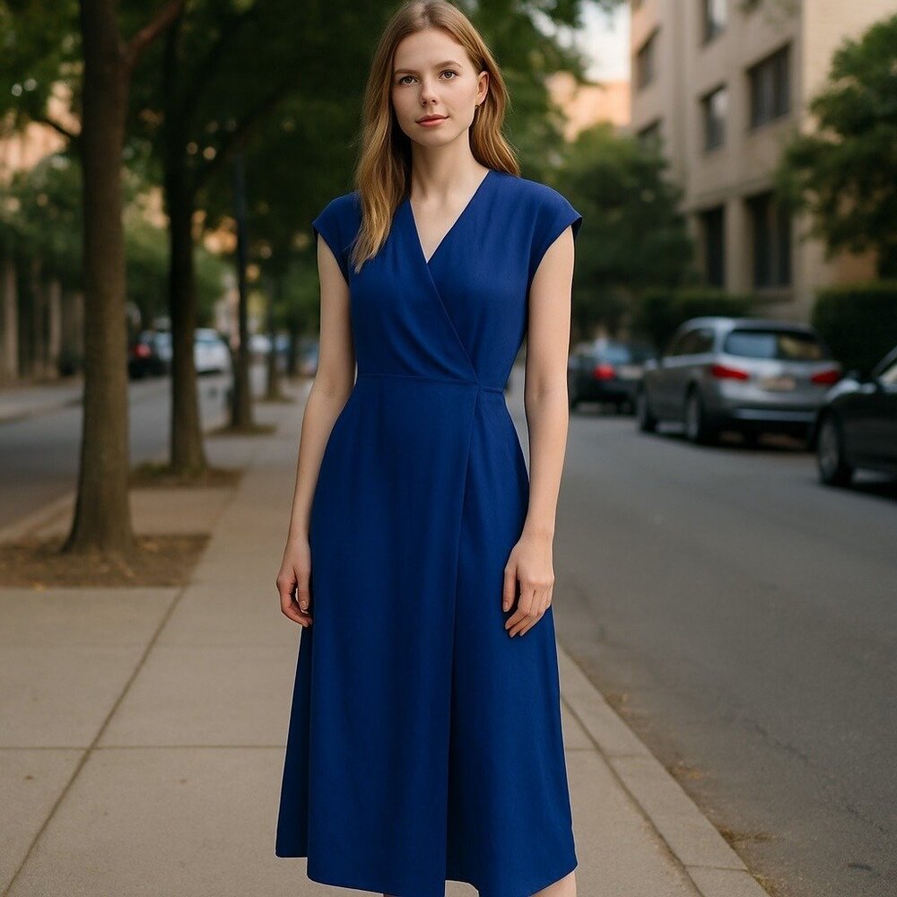 Everlane Wrap Dress Womens Size 2 Royal Blue Sleeveless Midi Casual‎